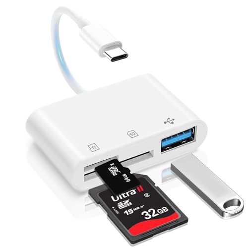 3-in-1 Memory Dual Slots with USB Camera Digital Adapter | White, Type C High Speed, SD and MicroSD Card Reader with OTG for iPhone 17/16/15,iPad,iMac,MacBook,Galaxy,Android