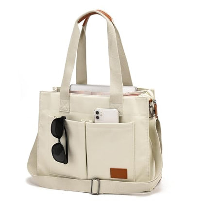 Canvas Laptop Tote Bag for Women | 15.6" Laptop Compartment - color: Ivory