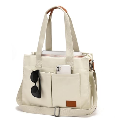Canvas Laptop Tote Bag for Women | 15.6" Laptop Compartment - color: Ivory