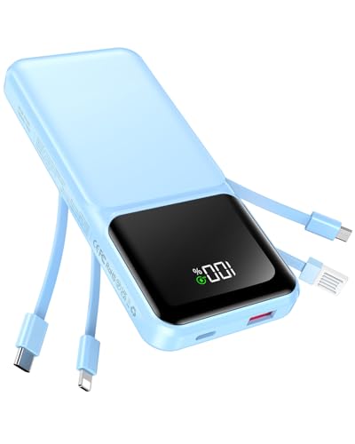 RONEGN Portable Charger with Built in Cable -20000mAh Fast Charging Power Bank USB C Slim 22.5W LED Display Battery Pack 5 Outputs & 3 Inputs for Travel Essentials iPhone Samsung Phones Sky Blue - color: Sky Blue