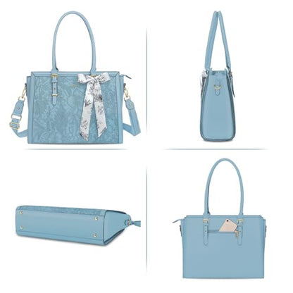 MOSISO Laptop Bag for Women, 15.6-16 inch PU Leather Tote Bag | Compatible with MacBook, HP,Dell,Asus, Front Embossed Retro Hibiscus Computer Bags with Silk Scarf&Clutch Purse, Air Blue - color: Air Blue, size: 16 inch