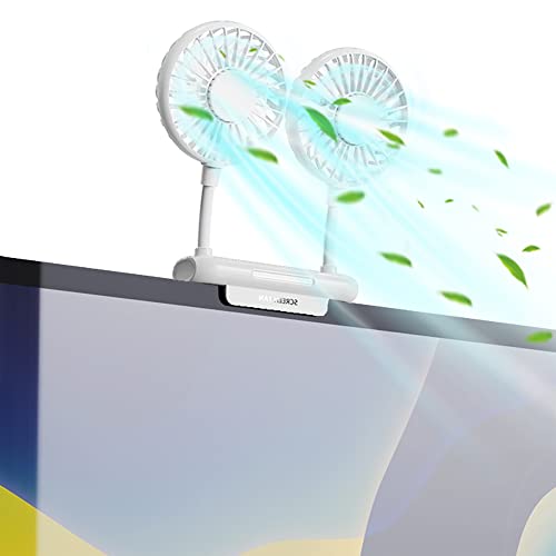 Monitor Fan with 2 Rotatable Heads, 3 Speeds, Sturdy Clamp, USB Powered Cooling Fan for Office Desk & Laptop. - color: White