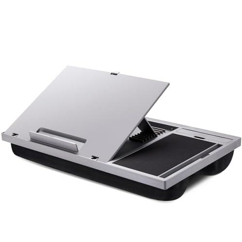 Adjustable Laptop Desk with Cushion, Mouse Pad & Cellphone Slot - Laptop Stand for Bed & Couch, Riser for Home & Office (Grey) | Built-in mouse pad, phone & pen slots, dual-cushion base, anti-slip design, raises the screen, for home office, bed, sofa - co