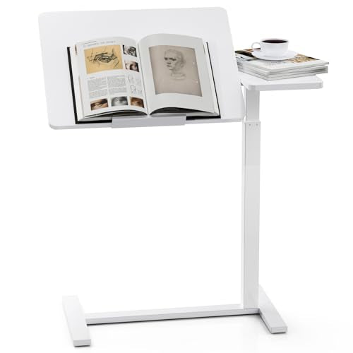 Simple Deluxe Overbed Bedside Table with Hidden Casters, Height Adjustable Desk with Tilting Top, Mobile Rolling Laptop Desk, Standing Rolling Desk Hospital Home Use, White - color: White, style: Tiltable