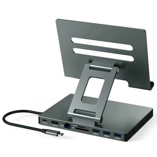 2026 iPad Pro USB C Hub Stand, Adapter for iPad Air M5 M4 M3 13 11 12.9 Inch Docking Station 4K 60Hz HDMI, RJ45 Ethernet, SD/TF Card Reader, 3 USB 3.0 Port, 3.5mm Audio, iPad A16 Galaxy Tablet Dock