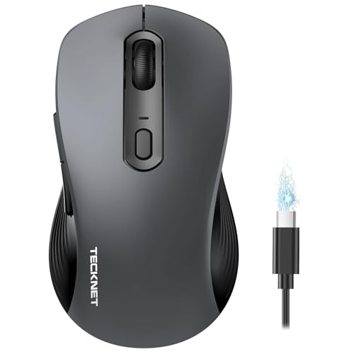 TECKNET Rechargeable Bluetooth Mouse, [ USB + BT5.0 + BT3.0 ] Wireless Mouse, Ergonomic Design, Silent Click, 6-Level 4800 DPI Wireless Mice, 3-Device Switching for Laptop, Computer, MacBook（Grey） - color: Grey