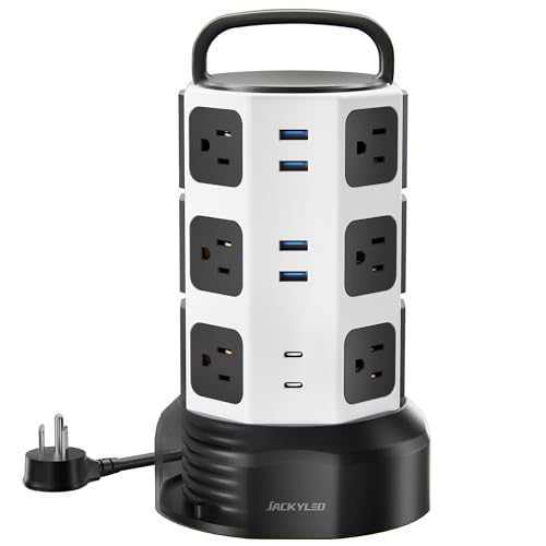 JACKYLED Power Strip Tower Surge Protector, 12 AC 6 USB (2 USB C), 1050J | 6.5Ft Retractable Extension Cord with Multiple Outlets, 1625W/13A Outlet Extender, USB Charging Station for Home Office Dorm - color: White Black, size: Medium-6.5ft