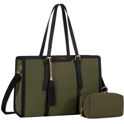 LOVEVOOK Laptop Bag for Women - 15.6 inch Lightweight Canvas Laptop Tote, Large Capacity Computer Bag with Clutch Purse for Business, Work, Travel, School (Black & Green, 15.6 Inch) - color: Black&green, size: 15.6 Inch