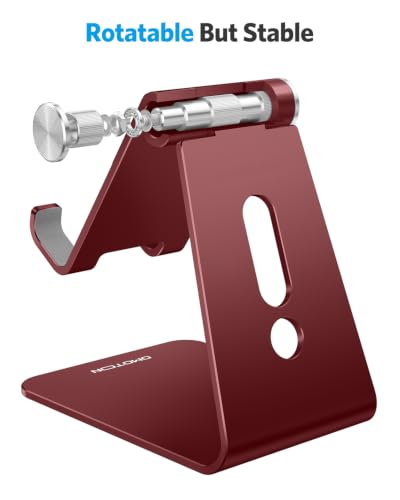 OMOTON C2 Adjustable Cell Phone Stand with Charging Cutout, Cherry Red | Sturdy 3mm Aluminum, Charging Port, 270° Adjustable, Non-Slip Silicone Pads, Works with Thick Cases, for All Smartphones - color: Cherry Red