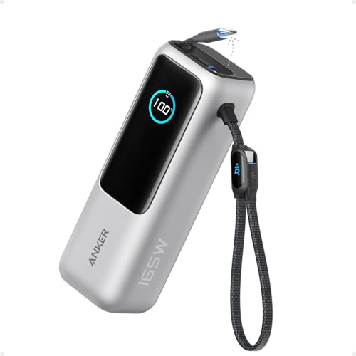 Anker Laptop Power Bank, 25,000mAh Travel Essential with 165W Total Output | 3 USB-C Ports with 100W Max Each, Built-In Retractable Cables, Flight-Ready, for iPhone 17 Series, MacBook, and More - color: Silver