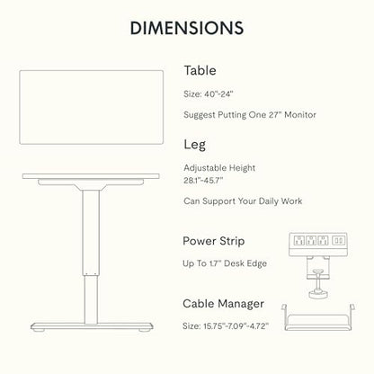 FLEXISPOT EN2 40"x24" Whole-Piece Standing Desk with Power Strip, White | Whole-Piece Desktop, Easy-Access Clamp Power Strip, Organized Cable Management, Modern Home Office Setup - color: White Top + White Frame, size: 40x24"