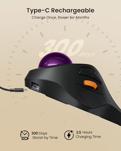 ProtoArc Wireless Bluetooth Trackball Mouse, EM03 NL Ergonomic Rollerball Mouse Rechargeable Computer Mice, 3 Device Connection, Compatible with PC, iPad, Mac, Windows-Purple Ball - color: Purple