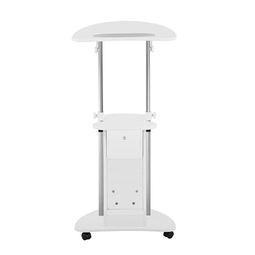 Techni Mobili Adjustable Height Rolling Laptop Cart with Storage, White | Adjustable height rolling laptop cart with storage, open shelf, wheels, sit‑to‑stand ideal for podium office medical use - color: White
