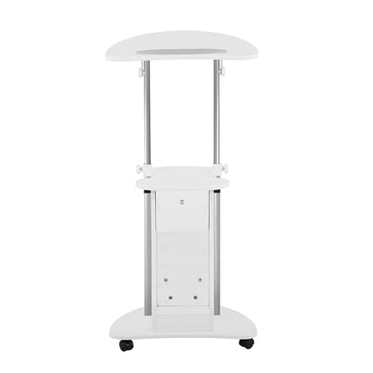 Techni Mobili Adjustable Height Rolling Laptop Cart with Storage, White | Adjustable height rolling laptop cart with storage, open shelf, wheels, sit‑to‑stand ideal for podium office medical use - color: White