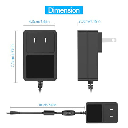 12V 2A Power Supply Adapter with On Off Switch, DC in 12V Power Cord, AC 100-240V 50-60Hz 24W 12 Volt Converter, for LED Light Strip DVD Player Keyboard Router CCTV Camera Hard Drive.