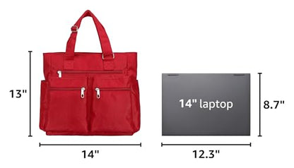 VOLGANIK ROCK Canvas Tote Bag Waterproof Nylon Multi Pocket Shoulder Bags Laptop Work Bag Teacher Purse Handbag for Women Men - color: Red