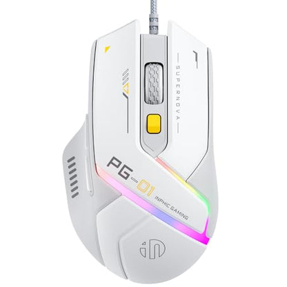INPHIC PG1 Wired Computer Gaming Mouse Ergonomic, 12800 DPI High-Precision, 6 Programmable Buttons, RGB Backlit for Gaming - White Gray - color: White