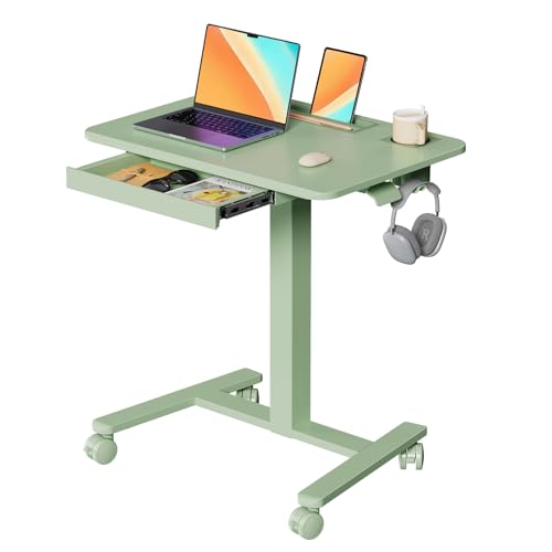 28" Mobile Standing Desk with Drawer, Portable Laptop Desk | Rolling Desk with Cup Holder and Hooks, Height Adjustable Computer Cart with Storage, Lockable & Hidden Wheels, Sage Green - color: Green, size: 28"