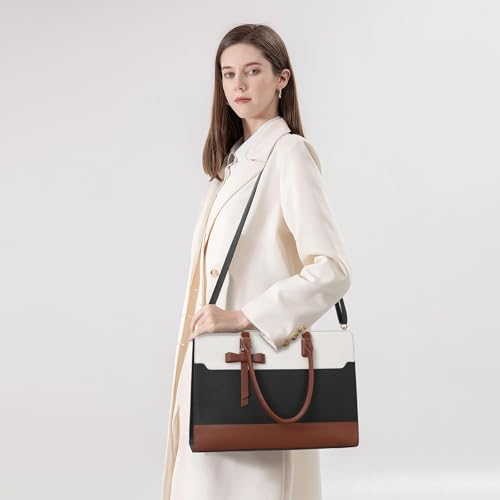 Keyli 3pcs Laptop Bag for Women 15.6 Inch Leather Work Tote Bags Professional Business Office Computer Shoulder Briefcase - color: 3pcs-black-white-brown