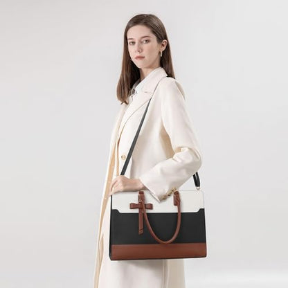 Keyli 3pcs Laptop Bag for Women 15.6 Inch Leather Work Tote Bags Professional Business Office Computer Shoulder Briefcase - color: 3pcs-black-white-brown