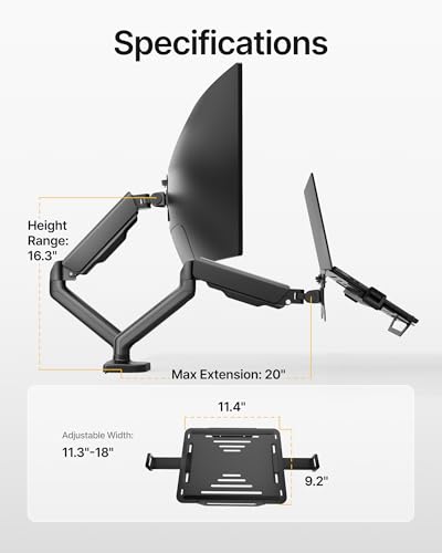 monTEK 2-in-1 Laptop & Monitor Desk Mount, Fits 12–18"Laptops & 32" Screens | 2-in-1 Desk Mount with Removable Vented Laptop Tray, Full Motion Arm with Clamp/Grommet Base, 75/100 VESA Mount - style: Single Arm