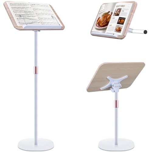2 in 1 Dual-use Music Stand & Desktop Book Stand, Adjustable Height 16.5"-51", 100% Solid Wood Laptop Floor Stand Book Holder with Elastic Page Clips for Cookbooks (White) - color: White