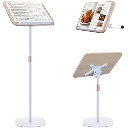 2 in 1 Dual-use Music Stand & Desktop Book Stand, Adjustable Height 16.5"-51", 100% Solid Wood Laptop Floor Stand Book Holder with Elastic Page Clips for Cookbooks (White) - color: White