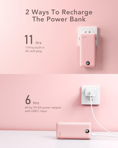 VRURC Portable Charger 20000mAh, Fast Charging Power Bank USB C,4 Output 2 Input Travel Essentials Charging Bank Equipped with LED Display,Built-in Wall Plug and Cables,Phone Charger Battery,Pink - color: Pink