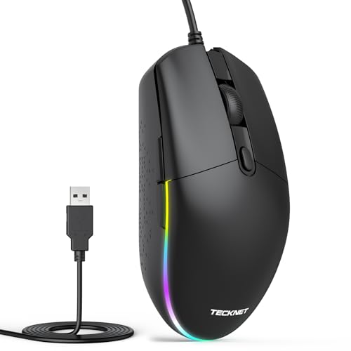 TECKNET Wired Mouse - USB Corded Mouse with RGB Backlit Full Size Optical Silent Mouse with Side Buttons,LED Plug and Play Wired Connection Office Mice for Desktop,PC,Laptop - color: Black