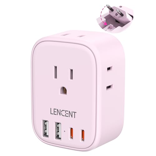 LENCENT European Travel Plug Adapter US to Europe Type-C Foldable Plug | with 4 Outlets 4 USB Ports (2 USB C), Power Adaptor for USA to EU Euro Iceland Spain Italy France Germany Greece, Pink - style: Type C-17.5W-Most of Europe-Pink