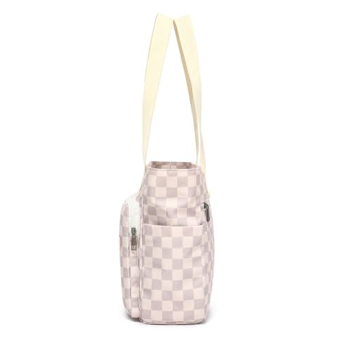 Women Tote Bag With Muti-Pockets,Lightweight Shoulder Bag,Large Capacity Handbag for Travel, Work, Gym - color: Lavender Grey Checkered