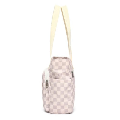 Women Tote Bag With Muti-Pockets,Lightweight Shoulder Bag,Large Capacity Handbag for Travel, Work, Gym - color: Lavender Grey Checkered