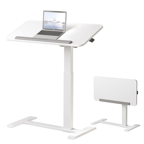 White 180° Tiltable Mobile Standing Desk, Overbed Table with Wheels, 25.6" - 40.5" Height Adjustable Bedside Table, Portable Rolling Computer Desk for Home Office, Hospital (White)