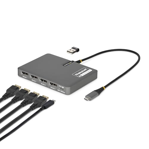 StarTech USB-C to Quad DisplayPort Workstation Dock, 4K 60Hz, 4K 120Hz, TAA | 140W PD passthrough, DisplayLink DL7400, Keyboard & mouse, Mac M1-M5, USB4, Thunderbolt, Four DP monitors, Windows, 4K60