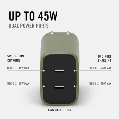 Ridge 45W Wall Charger Set, Dual USB-C Ports, Laptop-Grade Power with Complete Cable Kit Included - Matte Olive - color: Matte Olive