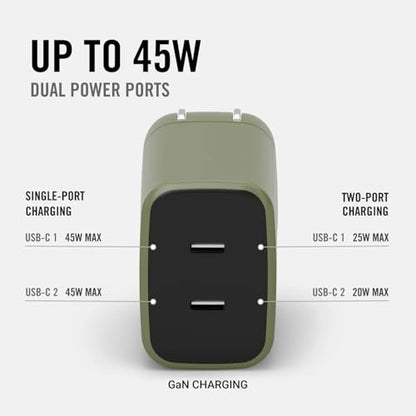 Ridge 45W Wall Charger Set, Dual USB-C Ports, Laptop-Grade Power with Complete Cable Kit Included - Matte Olive - color: Matte Olive