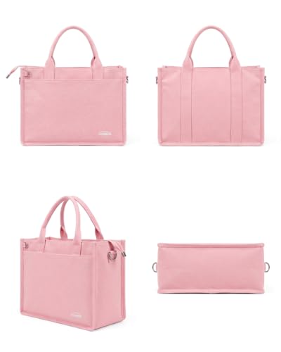 Canvas Tote Bag for Women With Zipper,14" Laptop Tote Bag for Work | Water Bottle Pocket,Padded Laptop Sleeve,Inner Key Leash,Premium Metal Hardware,Structured Canvas - color: Petal Pink