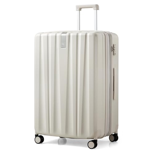 Hanke 29 Inch Expandable Checked Luggage Lightweight PC Hard Shell Luggage Suitcases with Wheels Travel Luggage Rolling Large Suitcase Travel Luggage Bag for Study Abroad.(Ivory White) - color: Ivory White, size: Expandable 29 Inch