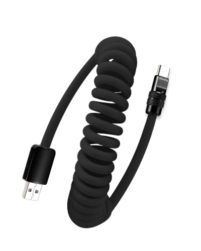 chubbycable Silicone 240H Sag-Free Coiled USB A to C Cable, 1 Pack, Black | Self-Organizing, 6FT USB-C Cable for Car, 120W Fast Charging, 45,000+ Bend Tested, Support Carplay & Android Auto - color: All Black-1 Pack
