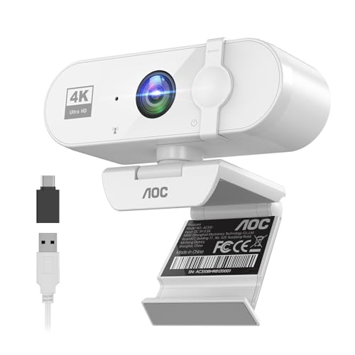 AOC 4K Webcam for PC, Streaming Camera with Noise-Canceling Mic, White | 90° FOV, Privacy Cover, Plug & Play, Zoom/Skype/FaceTime Compatible, Works with Mac/Laptop/Switch 2, USB C-A Adapter Included - color: white
