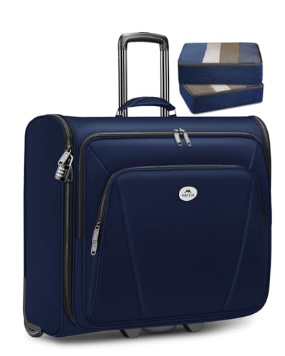 MATEIN Rolling Garment Bags for Travel, Large 2-Wheeled Suit Carrier, Blue | Foldable Travel Suit Bag with Wheels, 2 Packing Cubes, Check-in Suitcase Luggage, For Business Trips, Fits 17.3 Inch Laptop - color: Dark Blue, size: Large - Checked