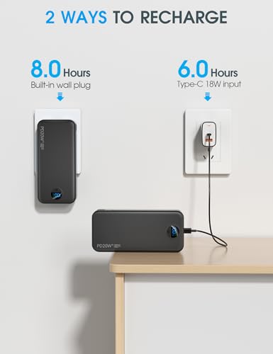 citicr Portable Charger 20000mAh PD20W w/Built-in Cables & Wall Plug Black | High capacity, Fast charging, Built-in wall plug, LED display, Charge 5 devices at once, Pass through charging, TSA approved - color: Black-20000mah