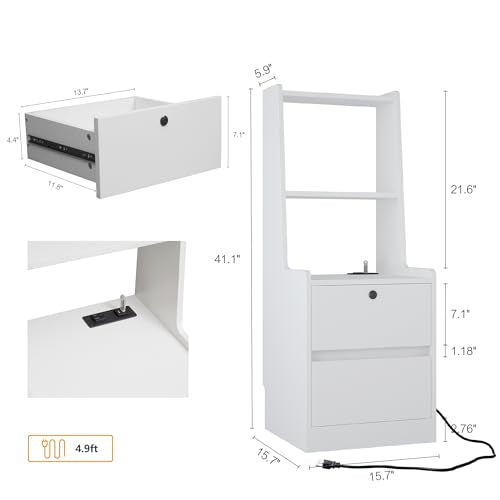 Set of 2 Modern Smart Nightstand with Night Light & Charging Station, Night Stand with Bookshelf, Lockable Bedside Cabinet Tables with 2 Storage Drawers for Bedroom Home Office - color: White-2pcs