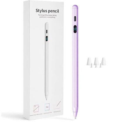 LED Battery Display Stylus Pen, Fast Charging Active Digital Pencil for iPad iPhone Samsung Android Tablets, Low Latency & Tilt Sensitivity for Note Taking/Drawing, No Bluetooth Needed (Purple) - color: Purple