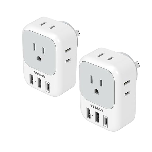 TESSAN Australia Plug Adapter, New Zealand Power Adaptor, 2 Pack | 4 Outlets 3 USB Ports (1 USB C PD 20W), Type I Travel Plug to China Argentina Fiji - color: White grey-Type I