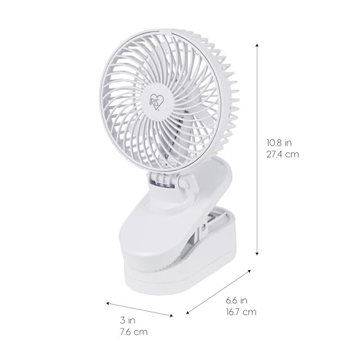 IRIS USA 5" Battery Operated Clip On Fan, D-Battery Powered, Outdoor, White | Compact Foldable Personal Fan, Portable Travel Mini Desk Fan, Pet Stroller Car Fan, Office Bedside Picnic Camping Outdoor - color: White - Battery, style: Clip On