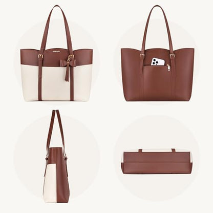 MOSISO Laptop Tote Bag for Women, 15.6 inch PU Leather Large Tote Bag | Large Capacity Work Handbag with Bowknot&Arc-shaped Pocket,Waterproof Computer Bags Work Briefcase for Business Office, Brown