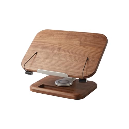 Book Stand for Reading, Mayhas Adjustable Book Holder with 360° Swivel Base&Page Clips, Foldable Desktop Stand for Cookbook, Fits All Books (Walnut, Wood Base) - color: Walnut, size: Wood Base