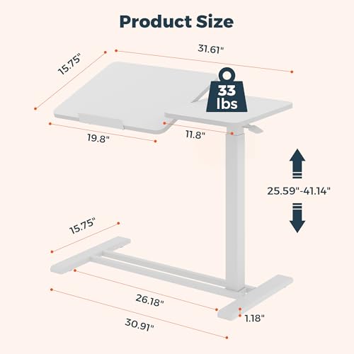 32''Large Pneumatic Overbed Tilting Bedside Table,Desk with Wheels | 31.6" x 15.7" White Double Flip Tabletop,Hospital Medical Bedside Table,Overbed Table with Wheels,Small Standing Desk - color: White, size: Large