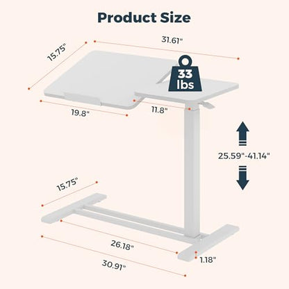 32''Large Pneumatic Overbed Tilting Bedside Table,Desk with Wheels | 31.6" x 15.7" White Double Flip Tabletop,Hospital Medical Bedside Table,Overbed Table with Wheels,Small Standing Desk - color: White, size: Large